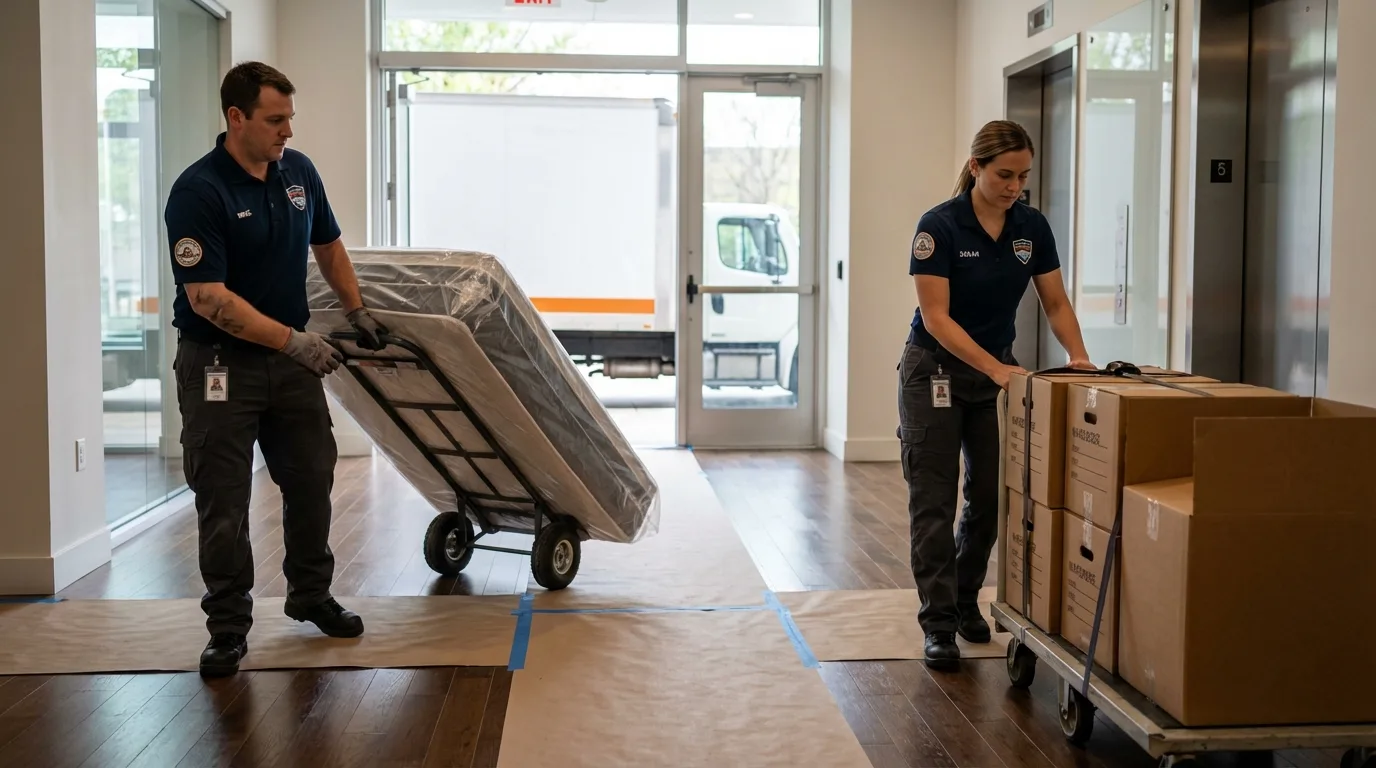 Professional apartment movers loading elevator in Morgantown, KY