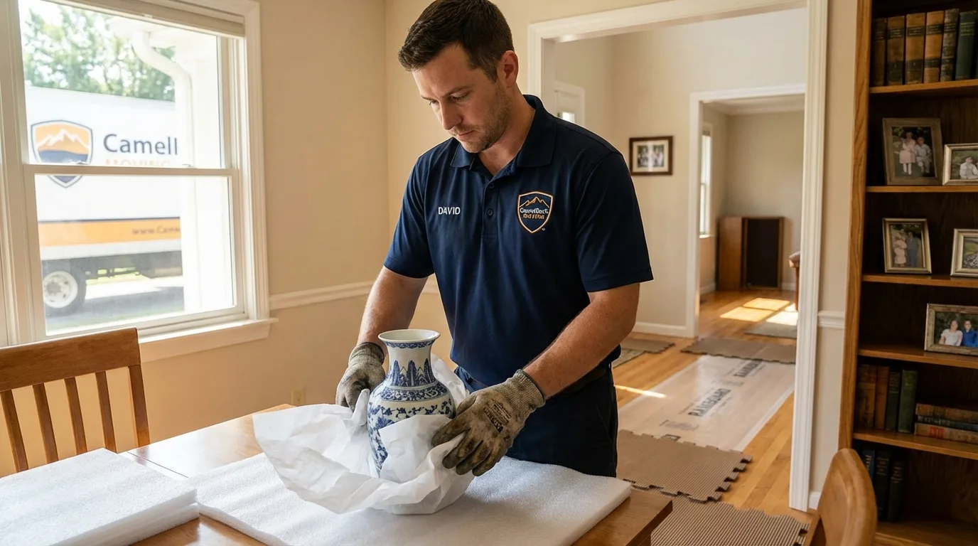 Professional crew carefully wrapping antique vase for senior downsizing move in Morgantown, KY